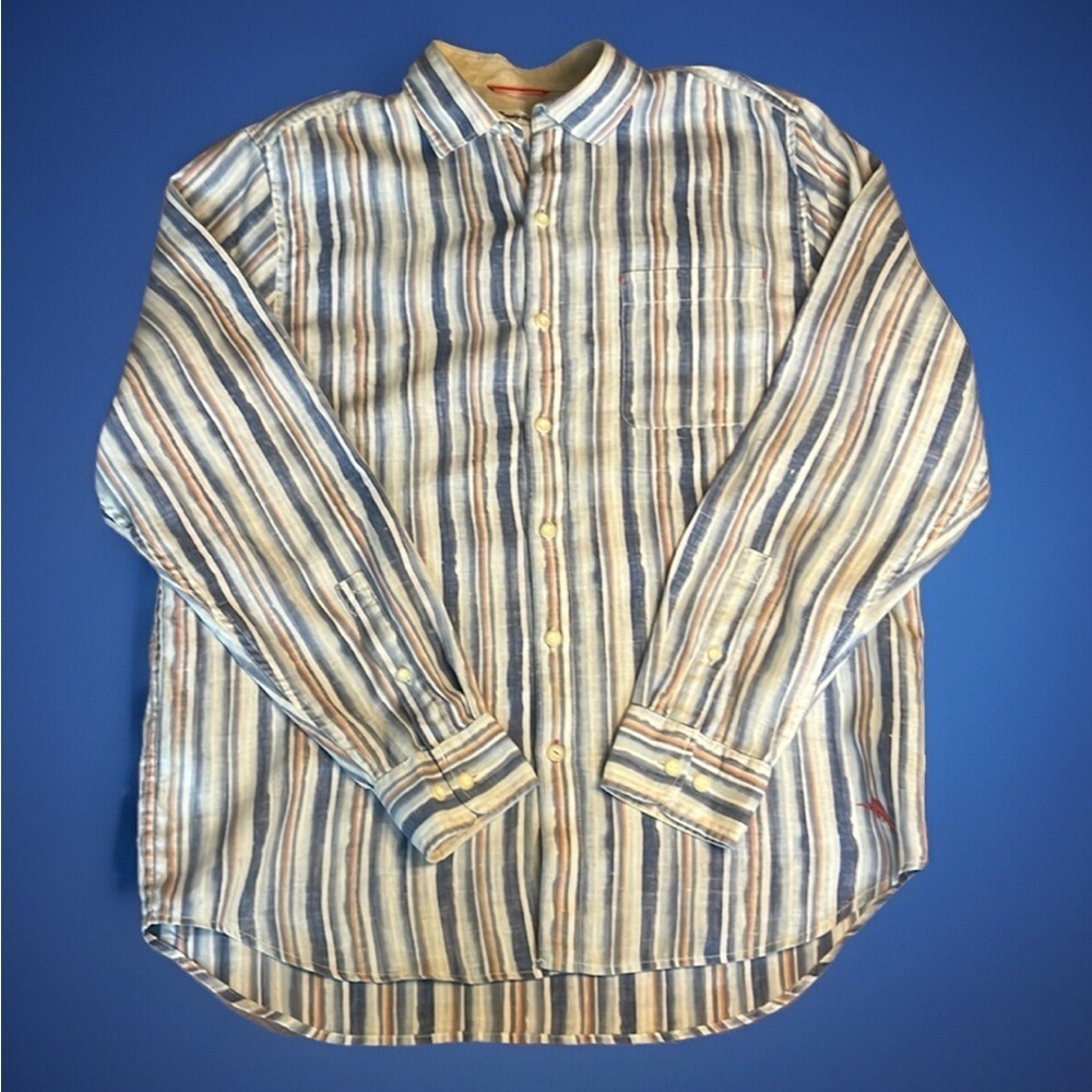Tommy Bahama 100% Linen Striped Long Sleeve Button Down Pastel Loose Fit sz L